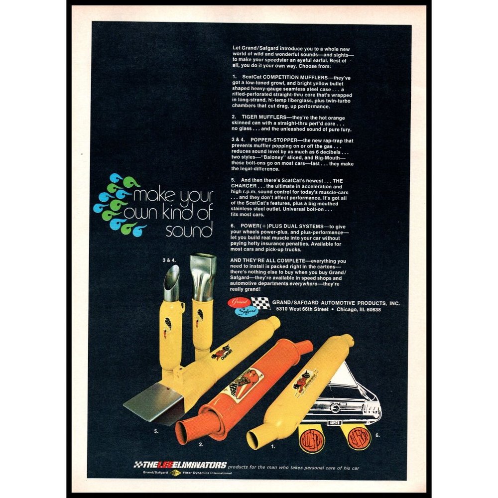 1971 Grand/Safgard Mufflers Tailpipes Vintage Print Ad Car Man Cave Wall Art